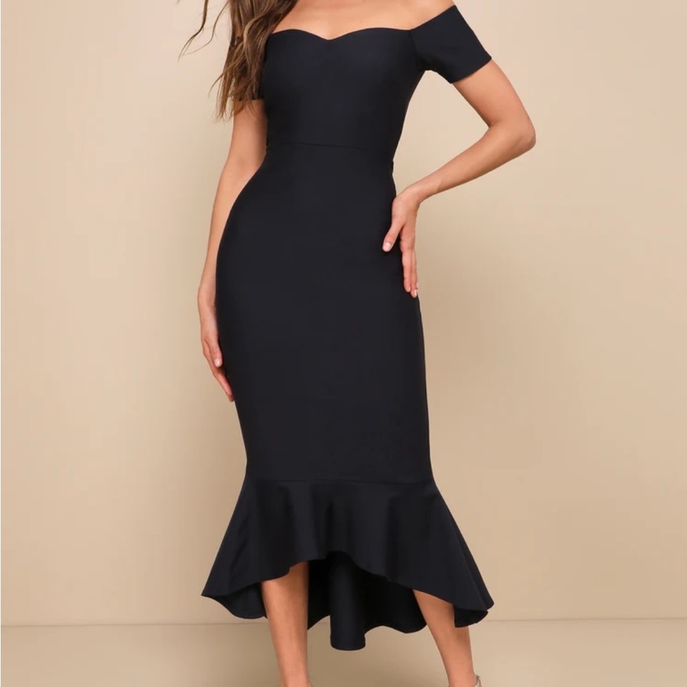 Lulu's How Much I Care Midnight Blue Off the Shoulder Midi Dress